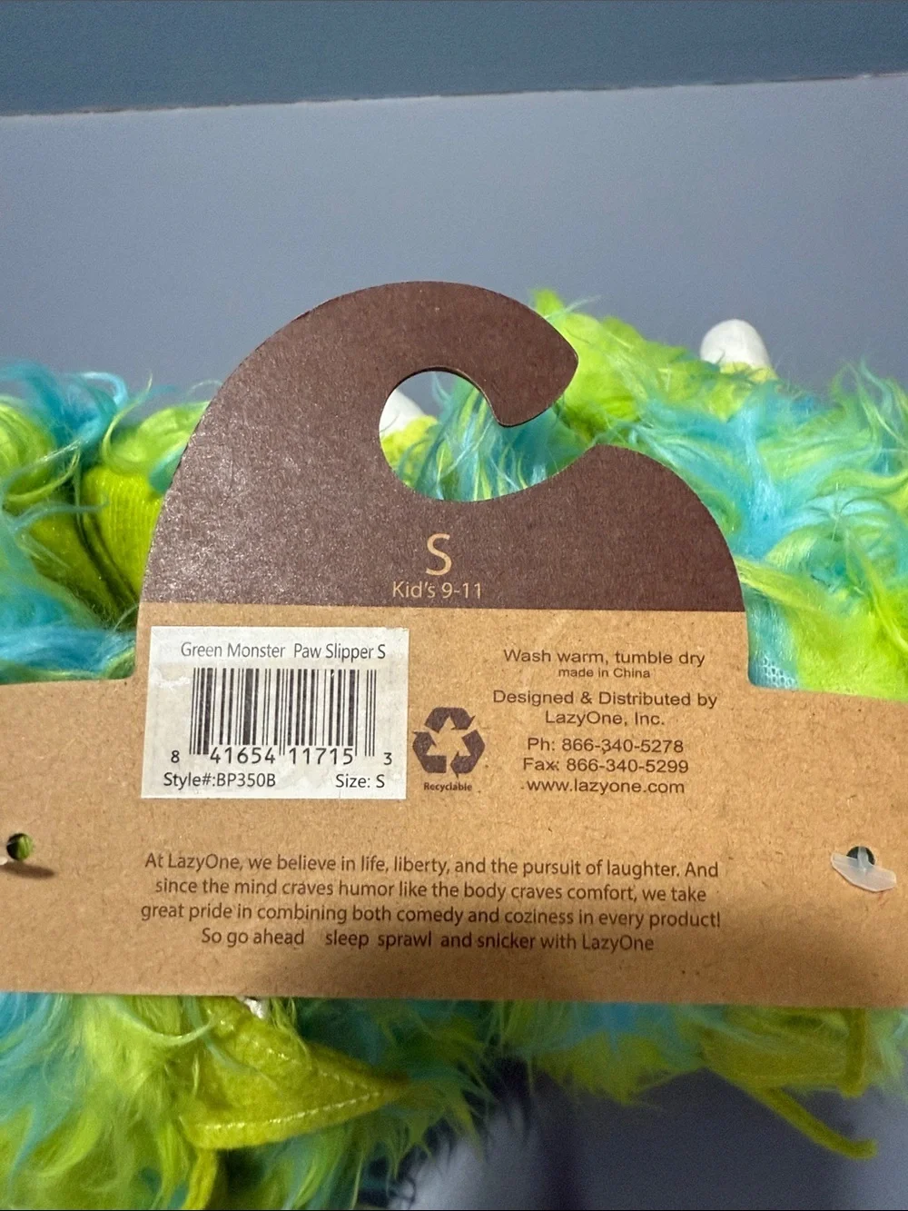 Lazy One Kids Monster Claw Slippers in Lime Green & Aqua Fur